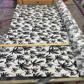 100% Rayon Challis Off White Background With Black Palm Trees Soft Flowy Fabric