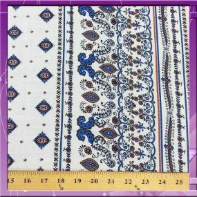 100% Rayon Challis One Border Blue, Off White 52/54 Inches Wide Fabric By The Yard