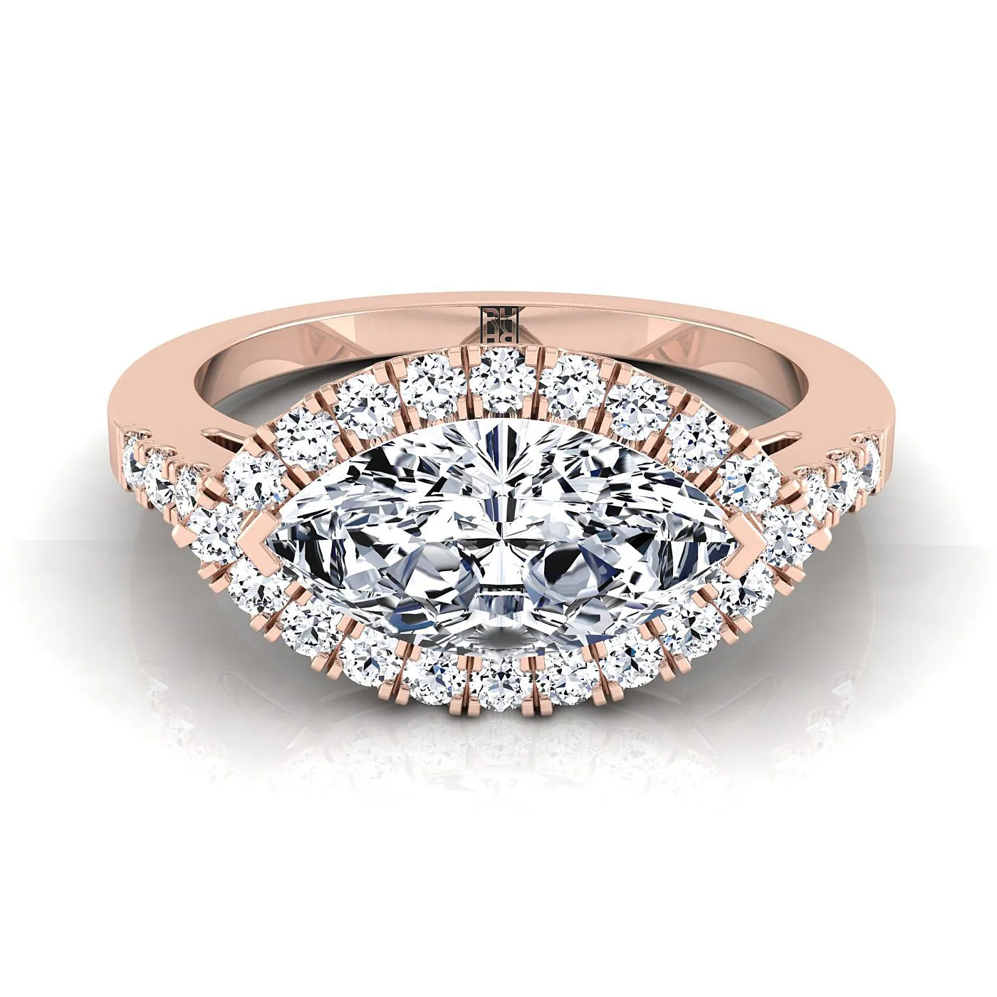 14K Rose Gold Marquise  Diamond Horizontal Fancy East West Halo Engagement Ring -1/3ctw