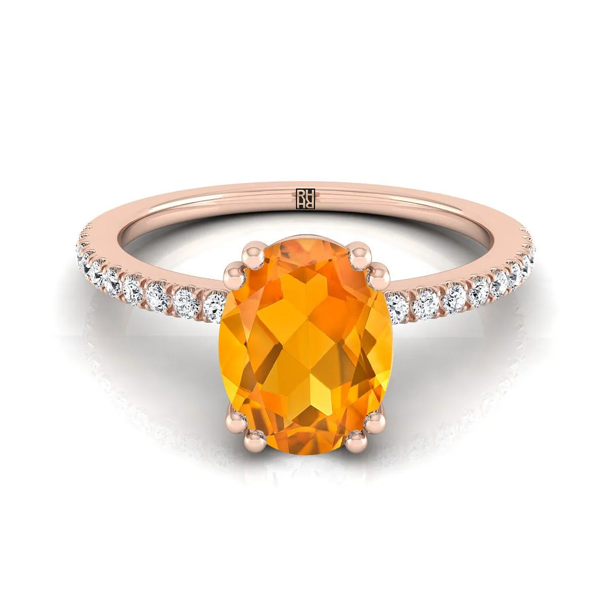 14K Rose Gold Oval Citrine Simple French Pave Double Claw Prong Diamond Engagement Ring -1/6ctw