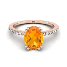 14K Rose Gold Oval Citrine Simple French Pave Double Claw Prong Diamond Engagement Ring -1/6ctw