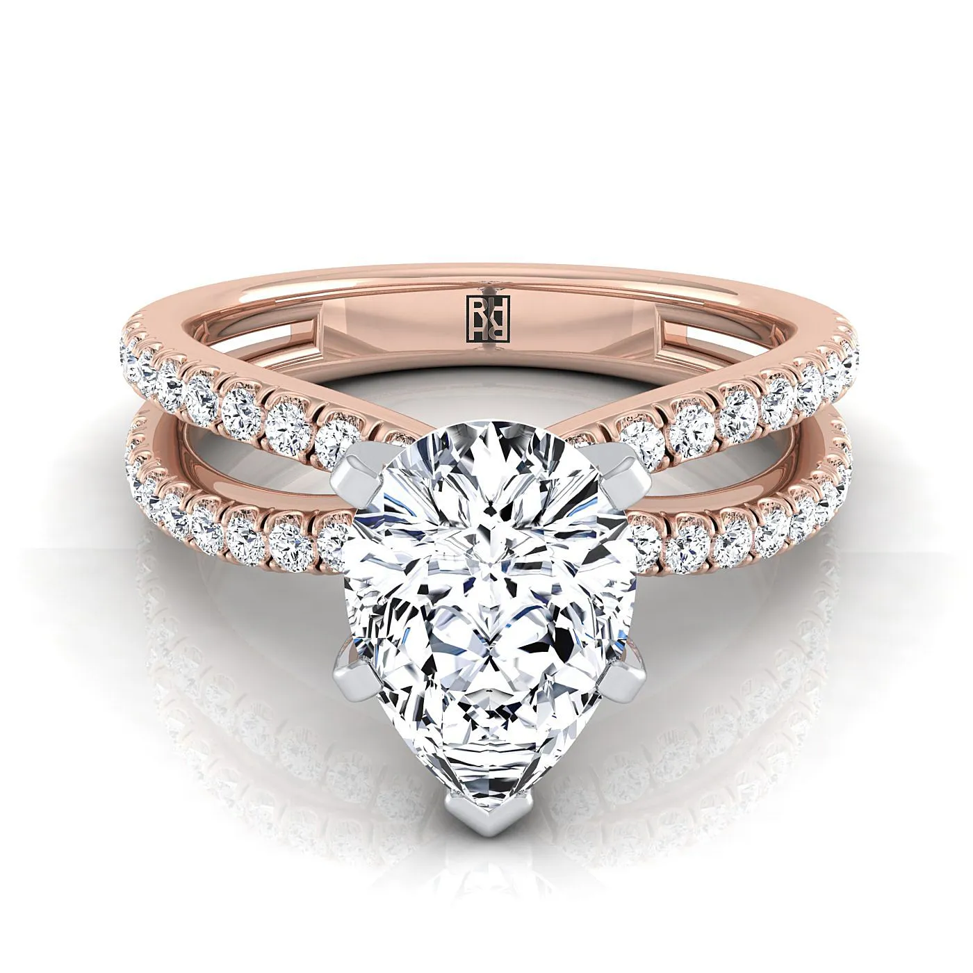 14K Rose Gold Pear Shape Center Diamond Two Row Pavé Split Shank Engagement Ring -1/3ctw