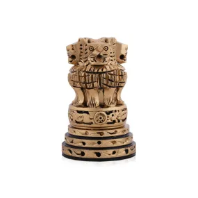 Ashoka Pillar Sculpture - 5 x 3 Inches | Wooden Statue/ Brass Polish Ashok Head Idol for Home Decor