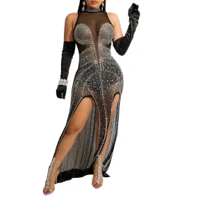 Black Mesh Club Prom Rhinestones Women Lady Elegant Party Luxurious Sexy Dresses