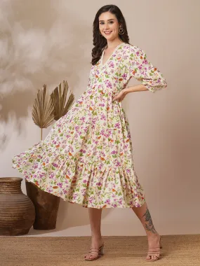 Butterfly & Floral Printed A-Line Pleated Tiered Flared Midi Dress - Off White