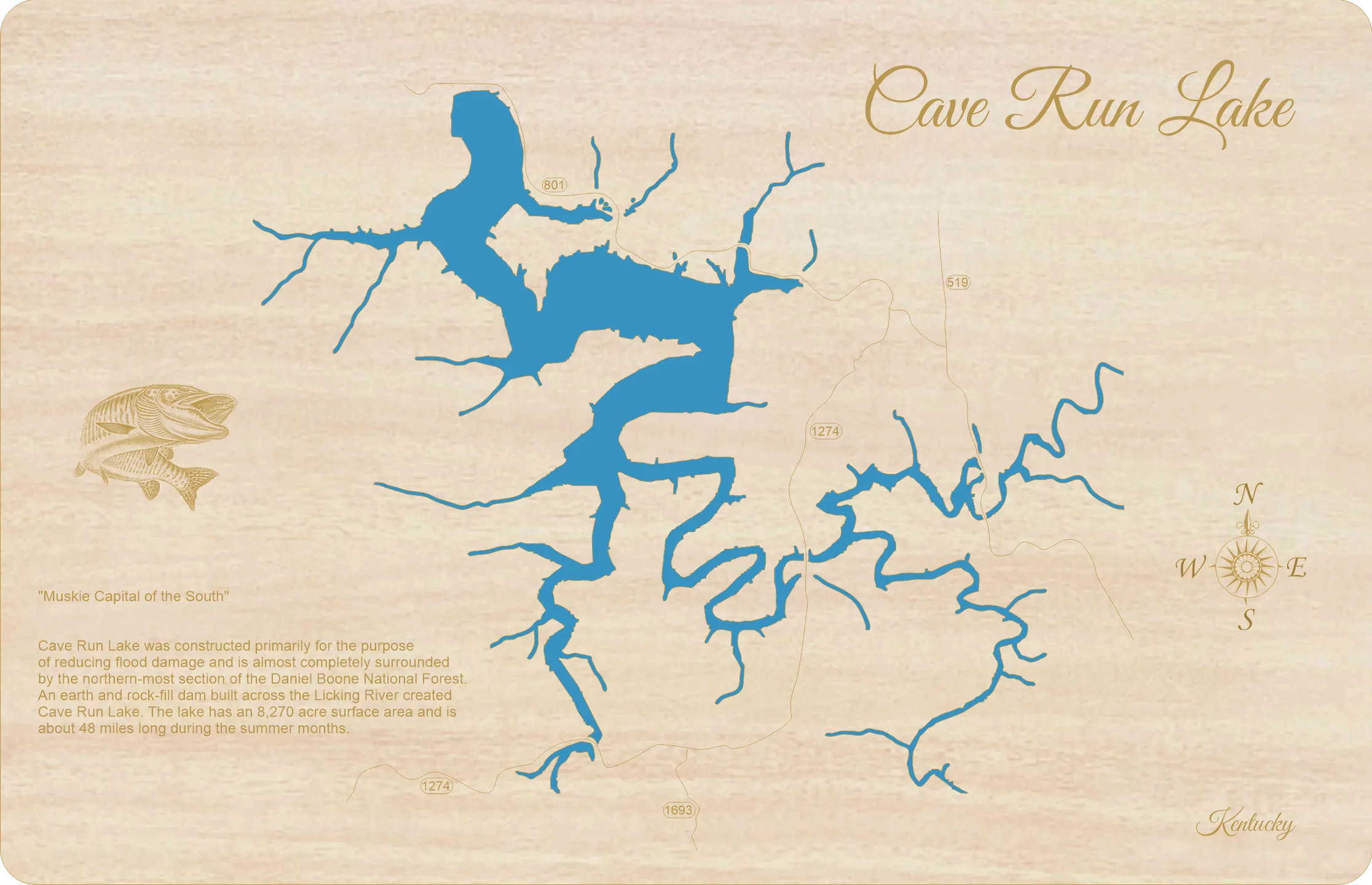 Cave Run Lake, Kentucky - Laser Cut Wood Map