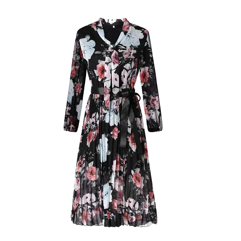 Chiffon Sleeve Floral Print 2024 Autumn Casual Deep V Neck Pleated Office Mini Dress