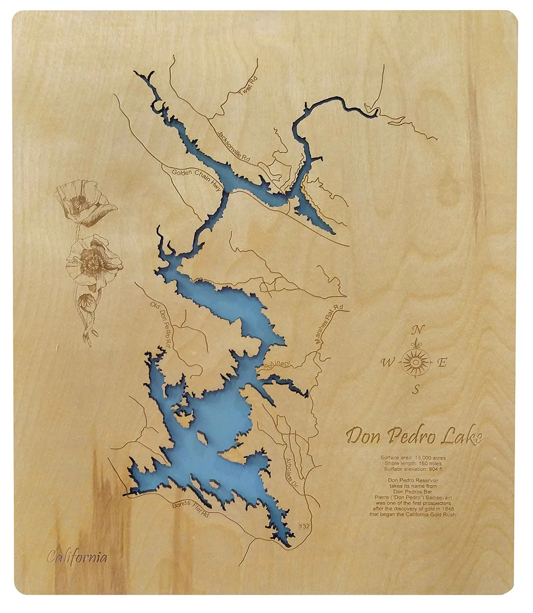 Don Pedro Lake, California - Laser Cut Wood Map