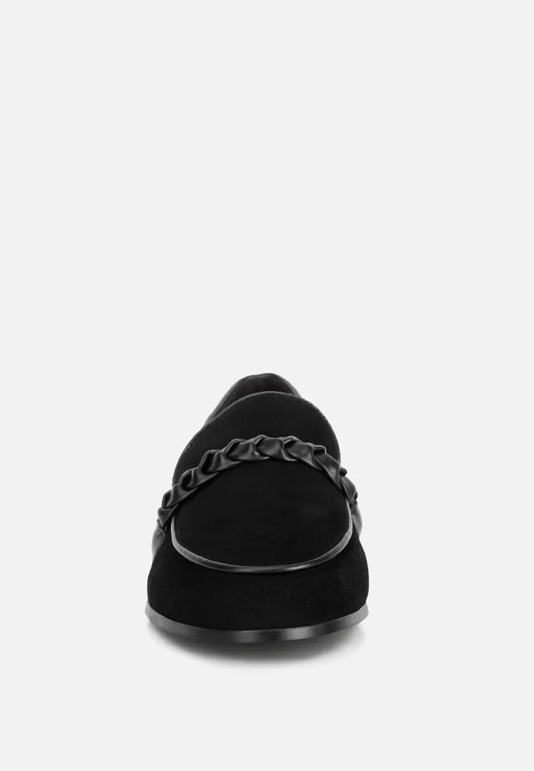 ECHO Suede Leather Braided Detail Loafers In Black