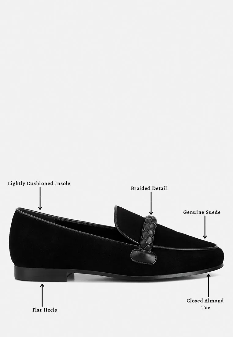 ECHO Suede Leather Braided Detail Loafers In Black