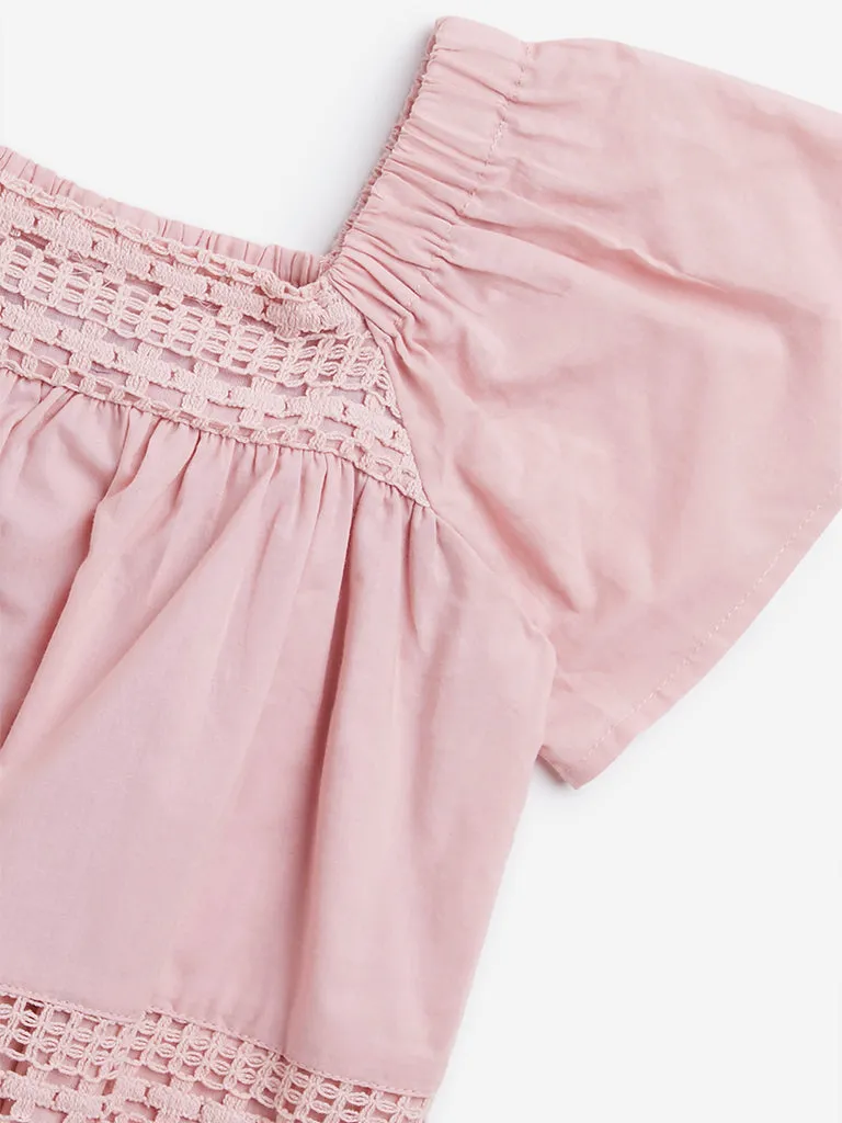 HOP Kids Dusty Pink Crochet-Detailed Cotton Top