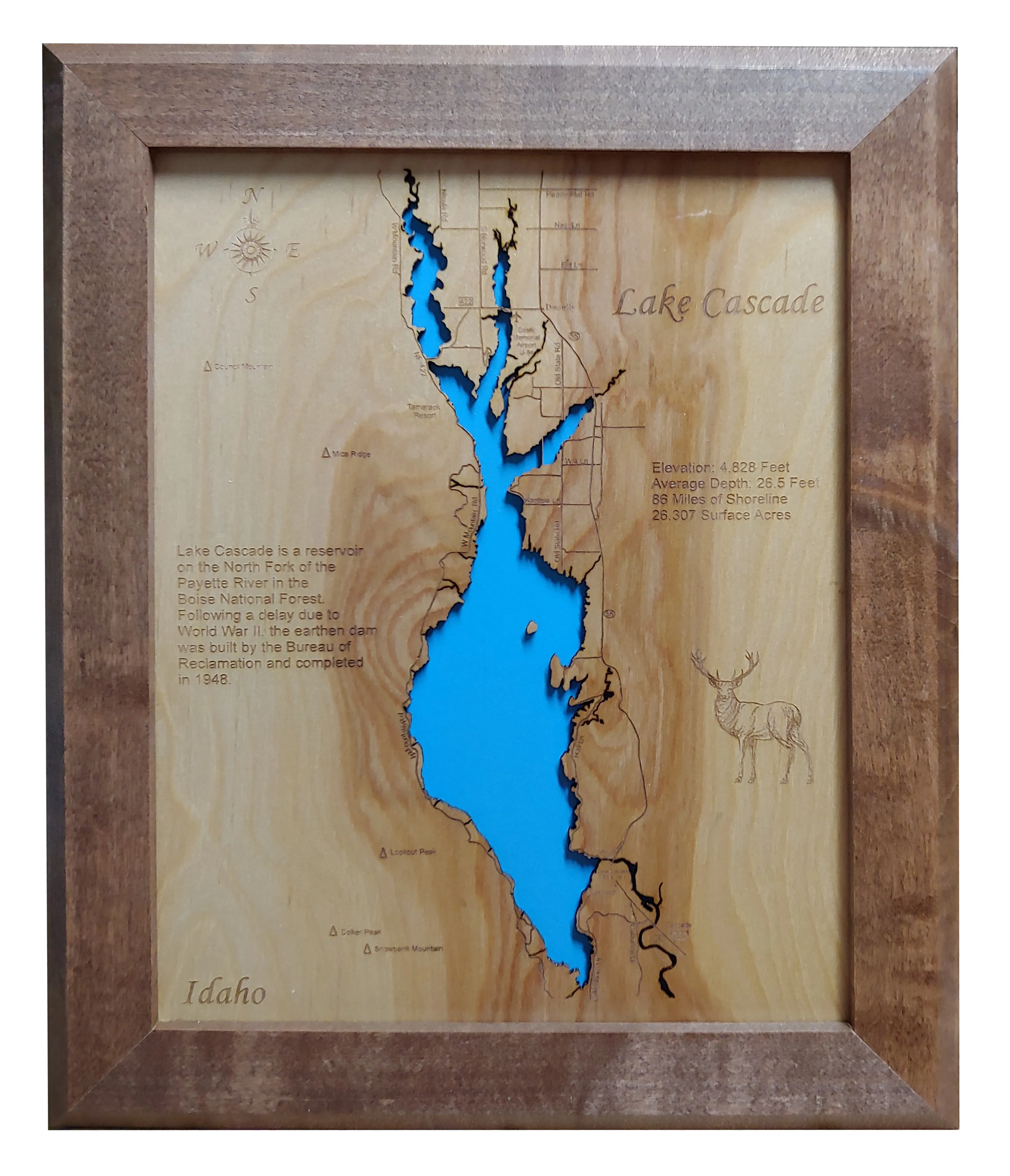 Lake Cascade, Idaho - Laser Cut Wood Map