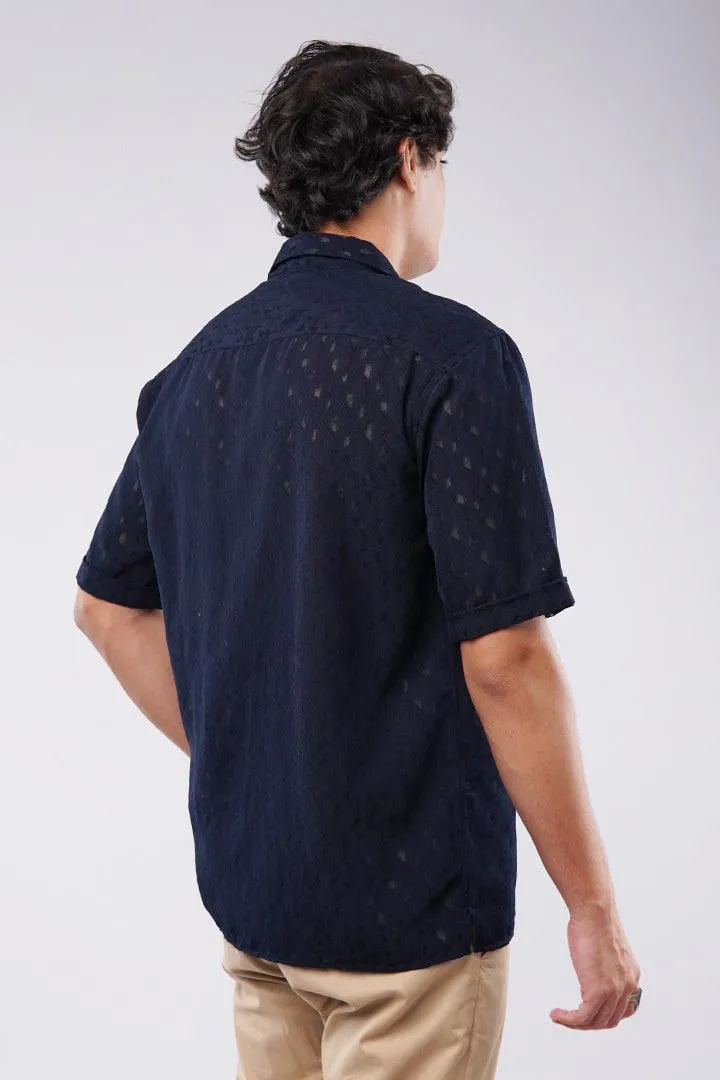 Self Texture Cuban Shirt - Navy Blue