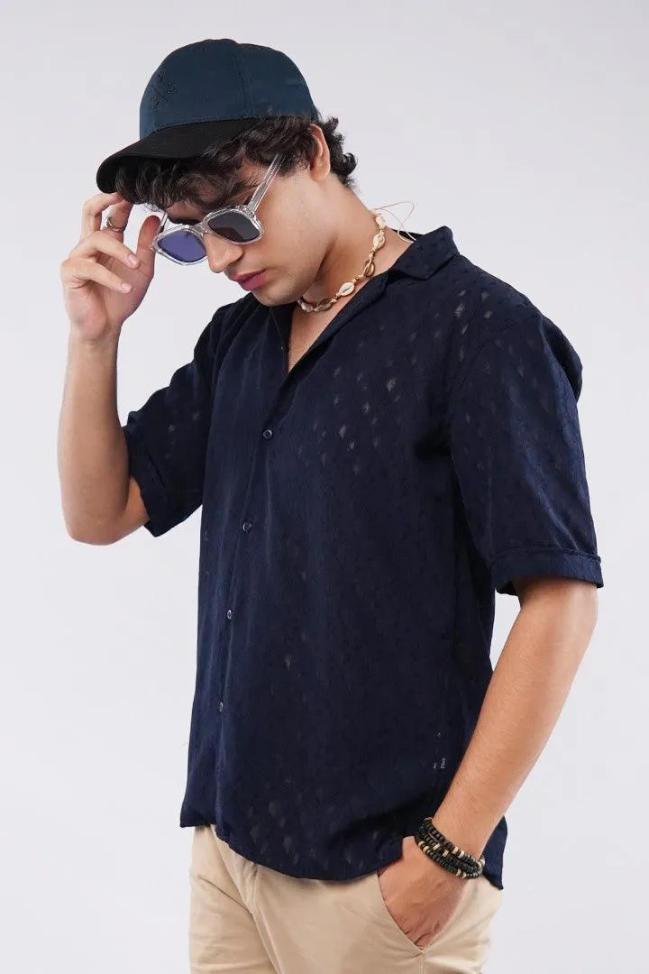 Self Texture Cuban Shirt - Navy Blue