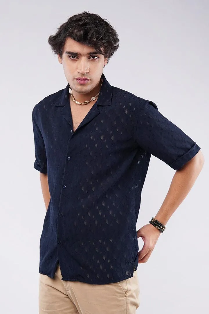 Self Texture Cuban Shirt - Navy Blue