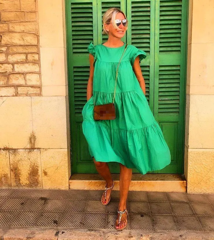 Short Sleeve Pleated Long Dress