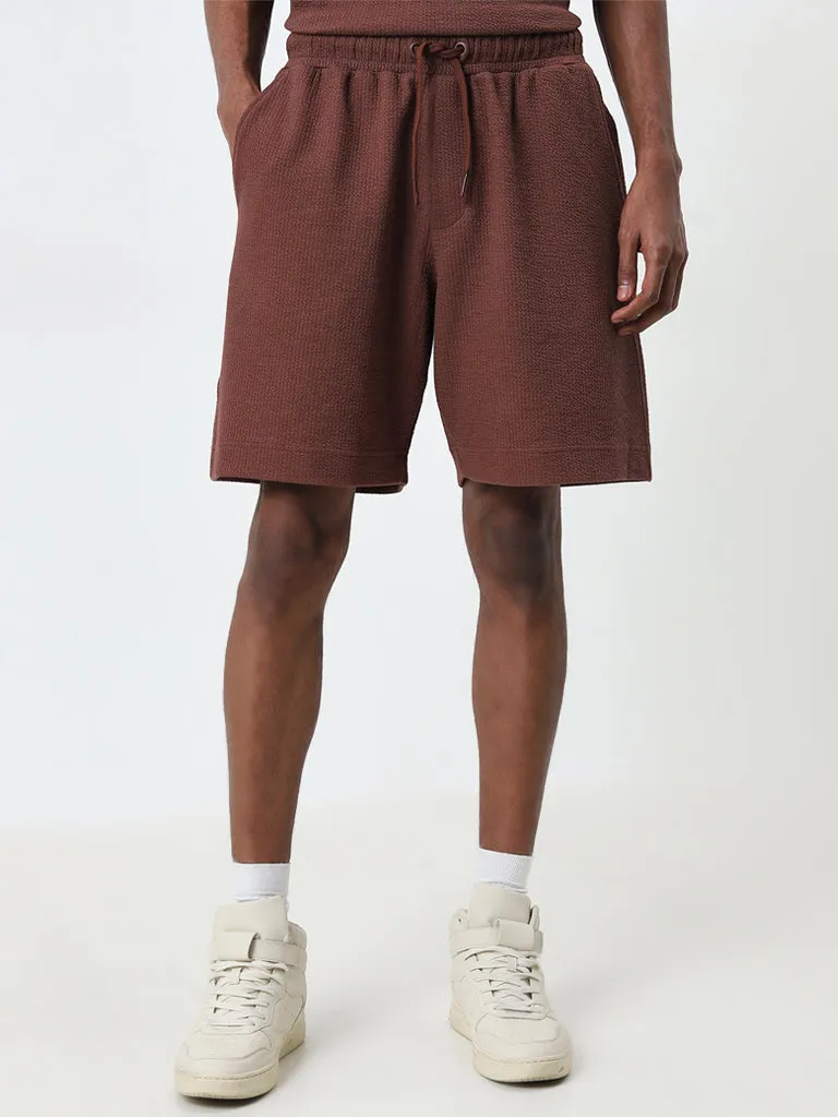 Studiofit Brown Textured Relaxed-Fit Mid-Rise Shorts