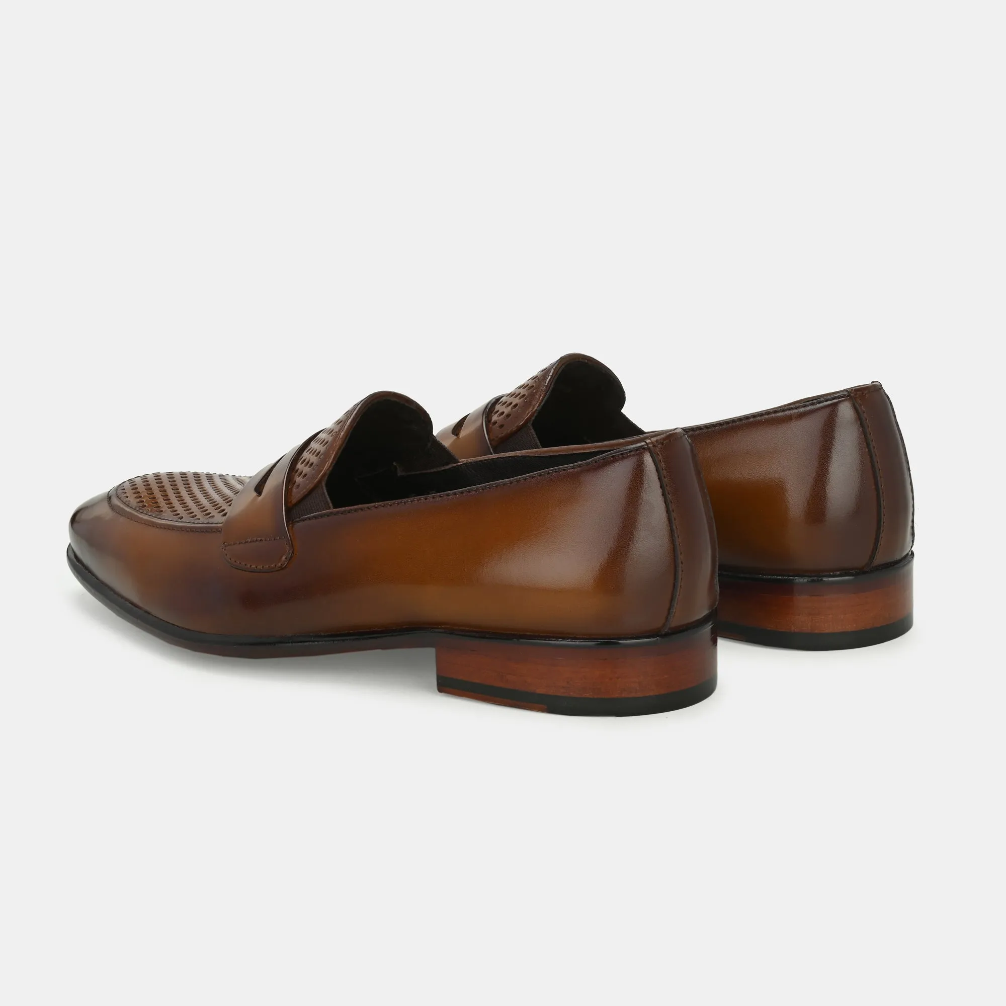 Tan Perforated Penny Loafers by Lafattio