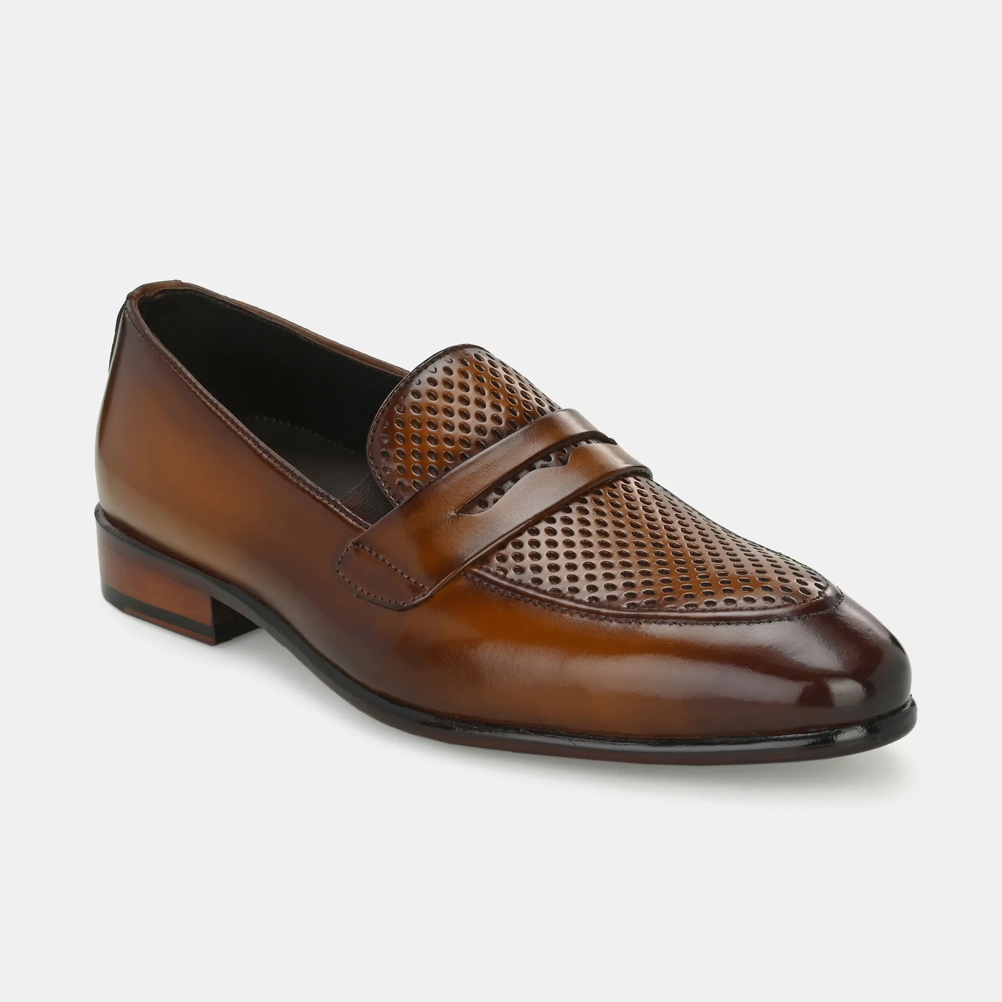 Tan Perforated Penny Loafers by Lafattio